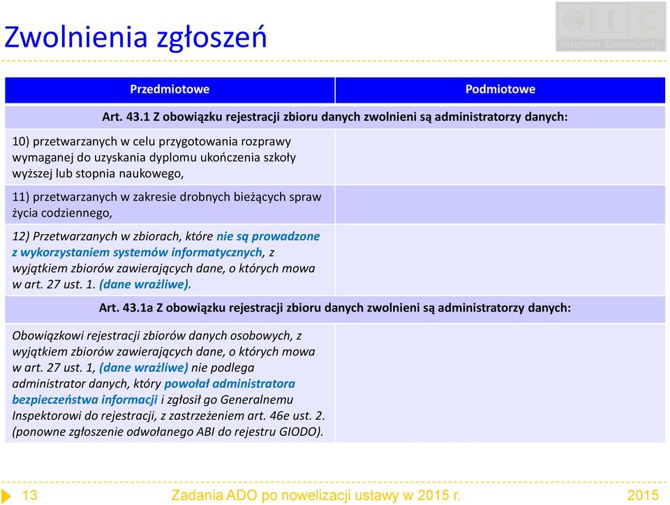 naukowego, 11) przetwarzanych w zakresie drobnych bieżących spraw życia codziennego, 12) Przetwarzanych w zbiorach, które nie są prowadzone z wykorzystaniem systemów informatycznych, z wyjątkiem