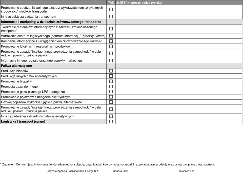 rozwoju Promowanie lokalnych i regionalnych produktów Informacje innego rodzaju oraz inne aspekty marketingu Paliwa alternatywne Produkcja biopaliw Produkcja innych paliw alternatywnych Promowanie