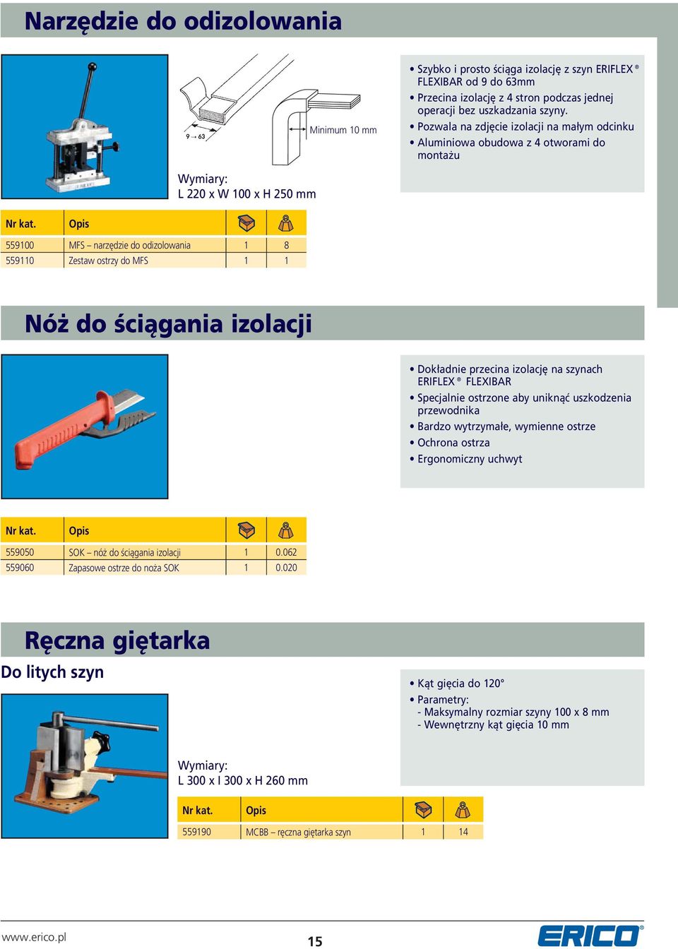 do ściągania izolacji Dokładnie przecina izolację na szynach ERIFLEX FLEXIBAR Specjalnie ostrzone aby uniknąć uszkodzenia przewodnika Bardzo wytrzymałe, wymienne ostrze Ochrona ostrza Ergonomiczny