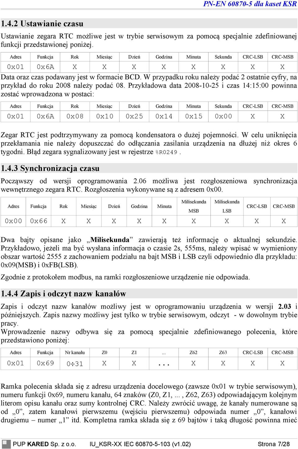 Przykładowa data -- i czas :: powinna zostać wprowadzona w postaci: Adres Funkcja ok Miesiąc Dzień Godzina Minuta Sekunda CC-LSB CC-MSB x xa x x x x x x Zegar TC jest podtrzymywany za pomocą