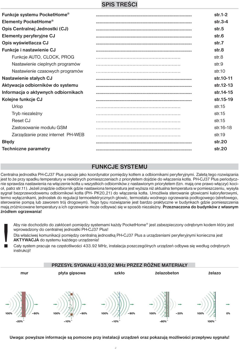 .. str.12-13 Informacja o aktywnych odbiornikach... str.14-15 Kolejne funkcje CJ... str.15-19 Urlop... str.15 Tryb niezależny... str.15 Reset CJ... str.15 Zastosowanie modułu GSM... str.16-18 Zarządzanie przez internet PH-WEB.