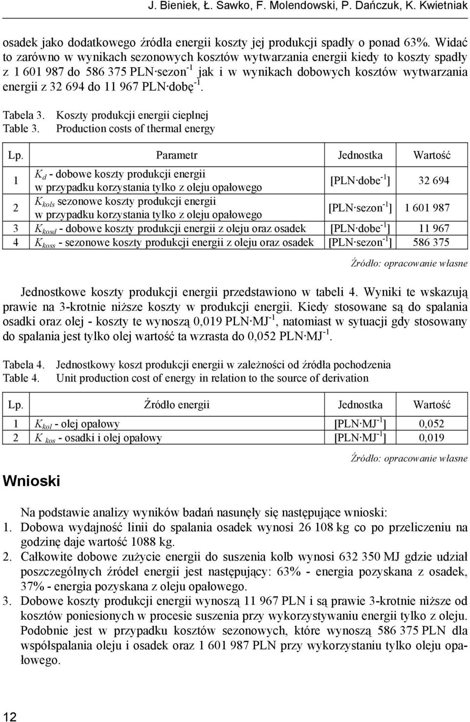 PLN dobę -1. Tabela 3. Koszty produkcji energii cieplnej Table 3. Production costs of thermal energy Lp.