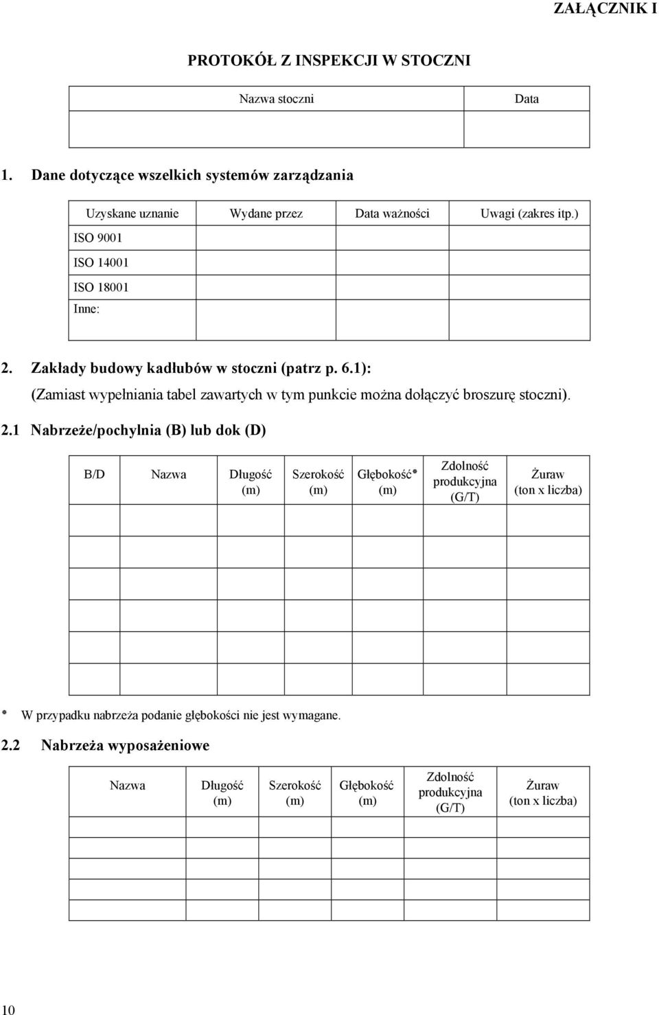 Zakłady budowy kadłubów w stoczni (patrz p. 6.1): (Zamiast wypełniania tabel zawartych w tym punkcie można dołączyć broszurę stoczni). 2.