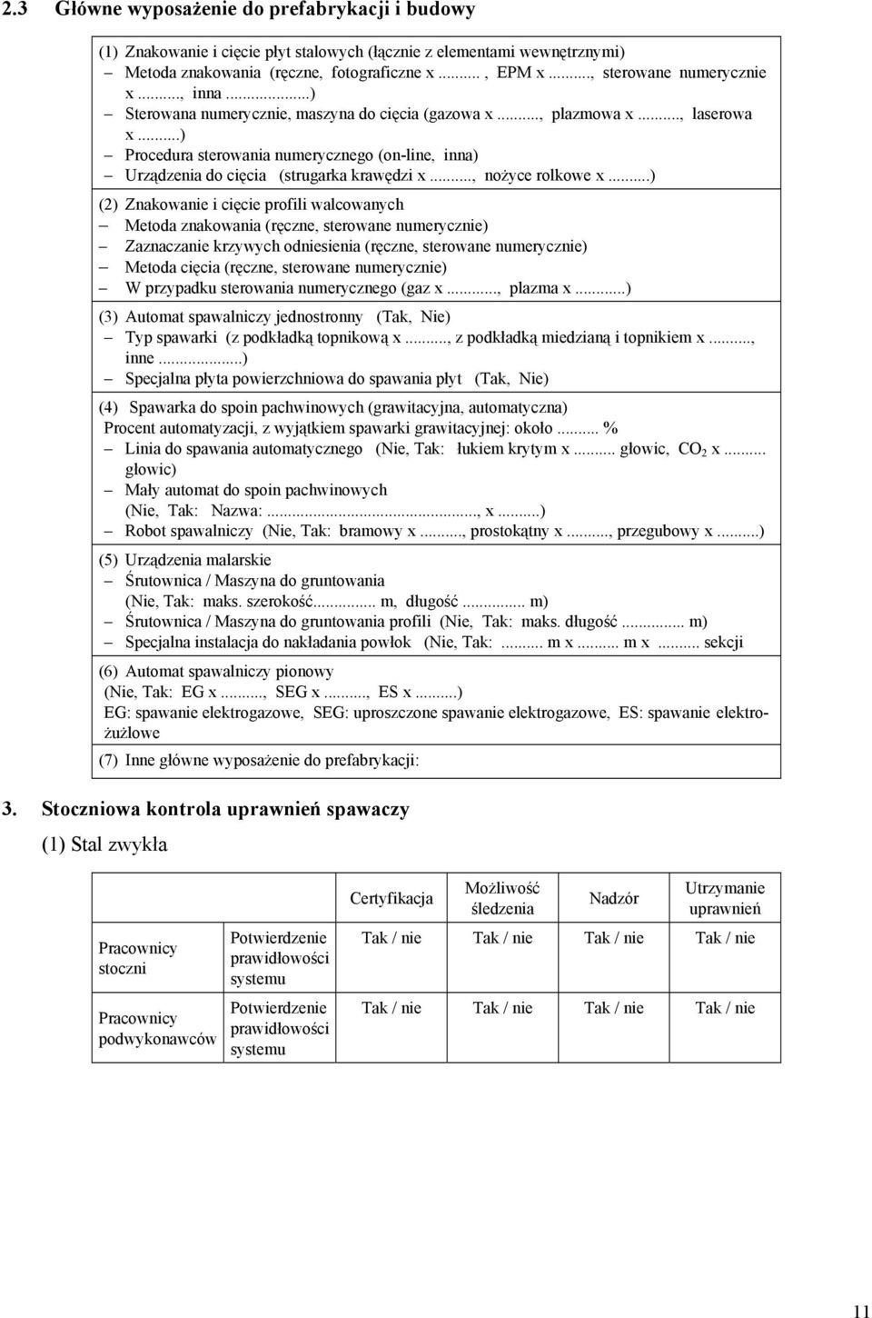 ..) Procedura sterowania numerycznego (on-line, inna) Urządzenia do cięcia (strugarka krawędzi x..., nożyce rolkowe x.