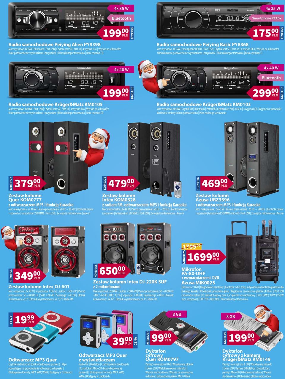 subwoofer Wielokolorowe podświetlenie wyświetlacza i przycisków Pilot zdalnego sterowania Brak czytnika CD PY8368 Radio samochodowe Krüger&Matz KM0105 Moc wyjściowa 4x40W Port USB Czytnik kart SD