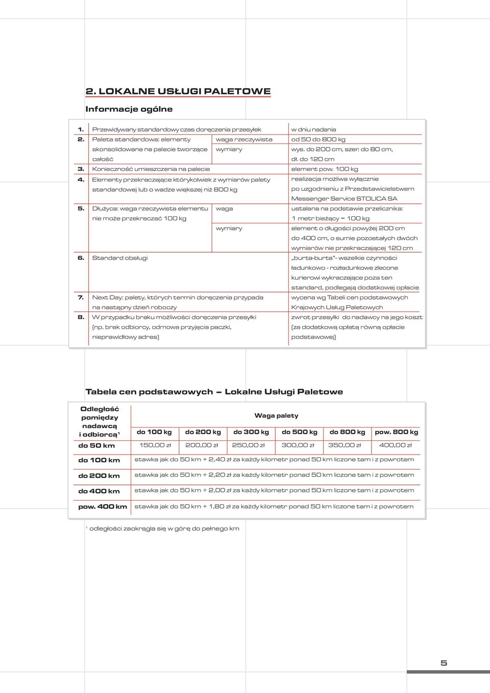 Dłużyca: waga rzeczywista elementu nie może przekraczać 100 kg waga wymiary 6. Standard obsługi 7. Next Day: palety, których termin doręczenia przypada na następny dzień roboczy 8.
