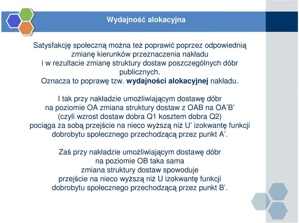 I tak przy nakładzie umoŝliwiającym dostawę dóbr na poziomie OA zmiana struktury dostaw z OAB na OA B (czyli wzrost dostaw dobra Q1 kosztem dobra Q2) pociąga za sobą przejście na