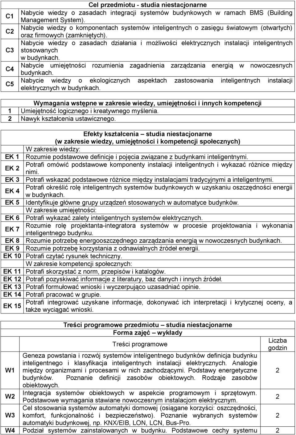 Nabycie wiedzy o zasadach działania i możliwości elektrycznych instalacji inteligentnych stosowanych Nabycie umiejętności rozumienia zagadnienia zarządzania energią w nowoczesnych budynkach.