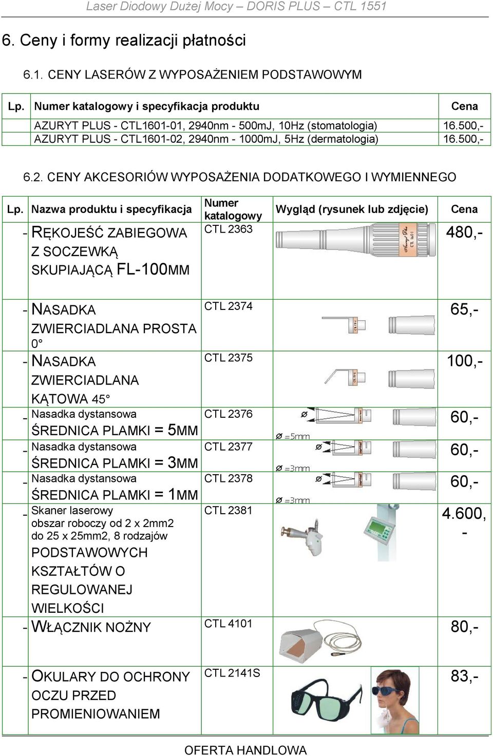 Nazwa produktu i specyfikacja - RĘKOJEŚĆ ZABIEGOWA Z SOCZEWKĄ SKUPIAJĄCĄ FL-100MM Numer katalogowy Wygląd (rysunek lub zdjęcie) Cena CTL 2363 480,- - NASADKA CTL 2374 65,- ZWIERCIADLANA PROSTA 0 -