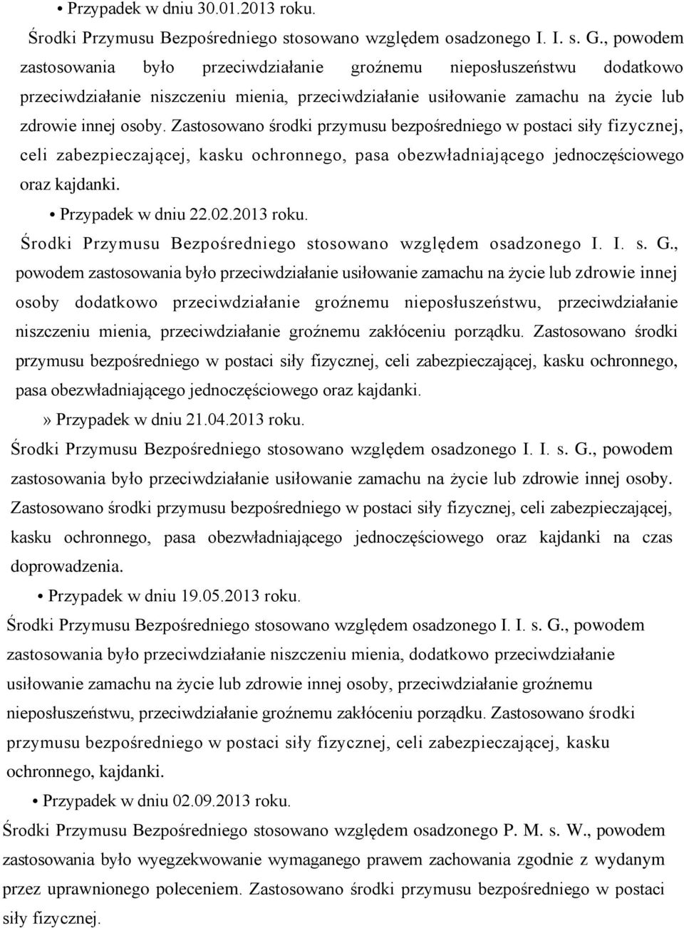 Zastosowano środki przymusu bezpośredniego w postaci siły fizycznej, celi zabezpieczającej, kasku ochronnego, pasa obezwładniającego jednoczęściowego oraz kajdanki. Przypadek w dniu 22.02.2013 roku.