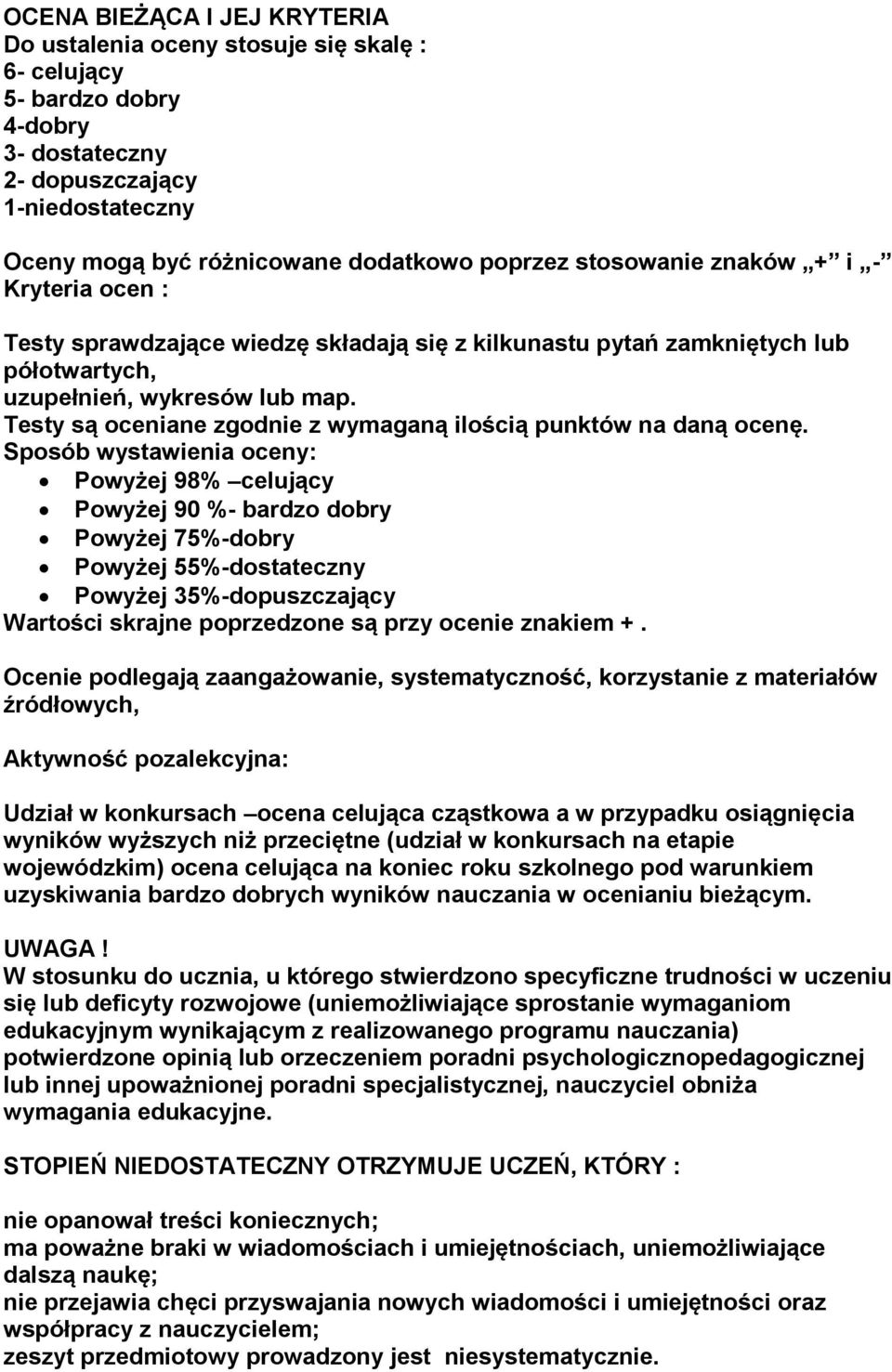 Testy są oceniane zgodnie z wymaganą ilością punktów na daną ocenę.