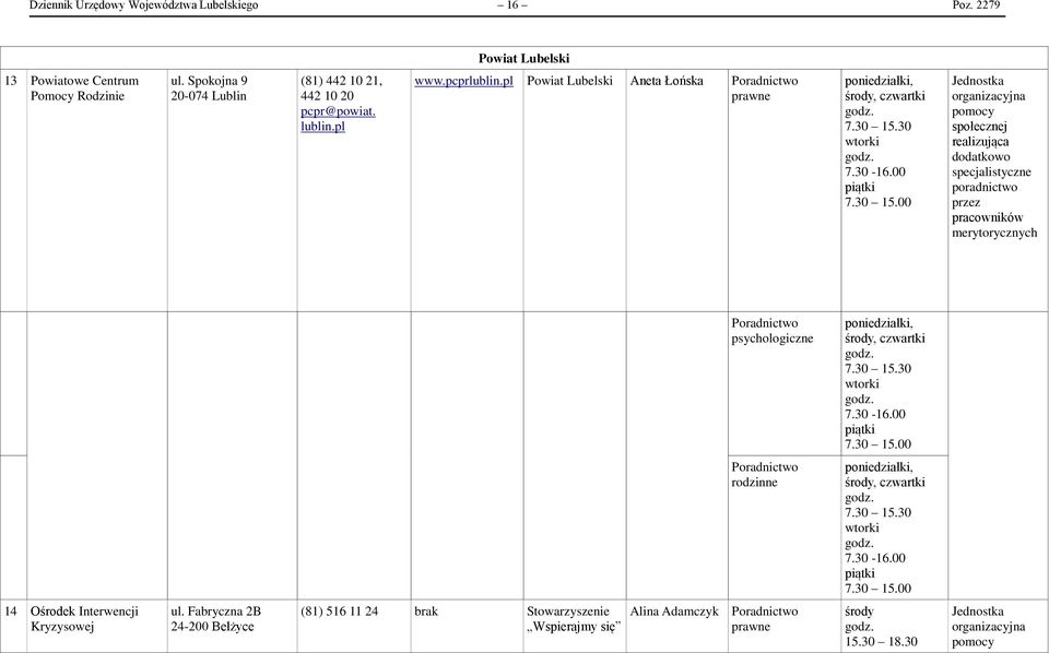pl Powiat Lubelski Aneta Łońska poniedziałki, środy, czwartki 7.30-16.00 piątki 7.30 15.00 poniedziałki, środy, czwartki 7.30-16.00 piątki 7.30 15.00 poniedziałki, środy, czwartki 7.30-16.00 piątki 7.30 15.00 14 Ośrodek Interwencji Kryzysowej ul.