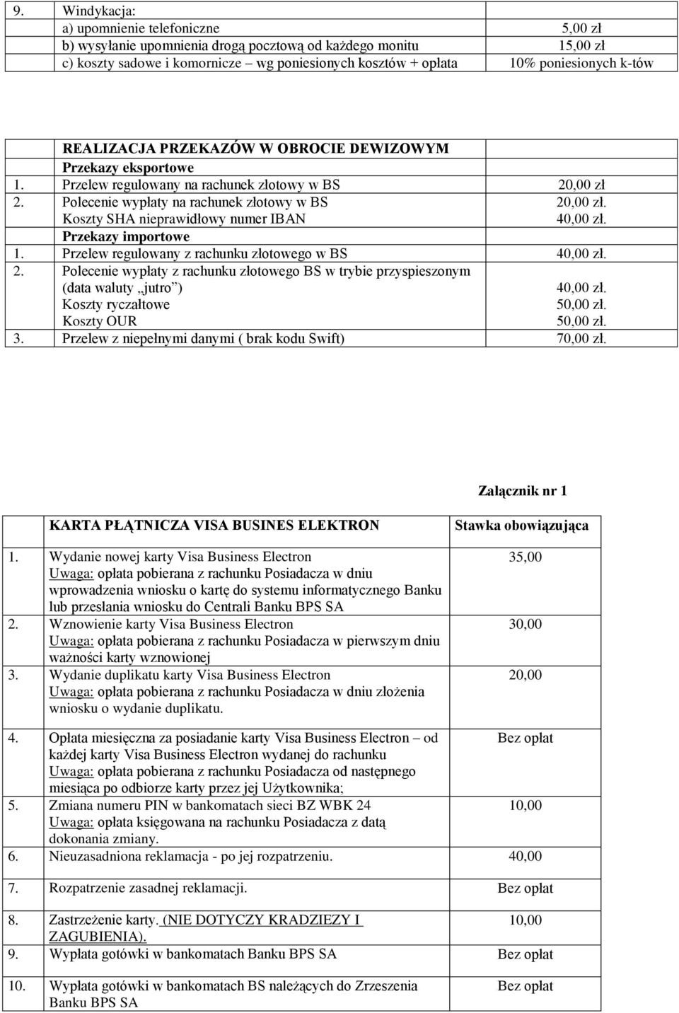 Przekazy importowe 1. Przelew regulowany z rachunku złotowego w BS 40,00 zł. 2.
