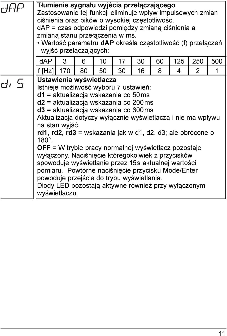 Wartość parametru dap określa częstotliwość (f) przełączeń wyjść przełączających: dap 3 6 0 7 30 f [Hz] 70 80 50 Ustawienia wyświetlacza Istnieje możliwość wyboru 7 ustawień: d = aktualizacja