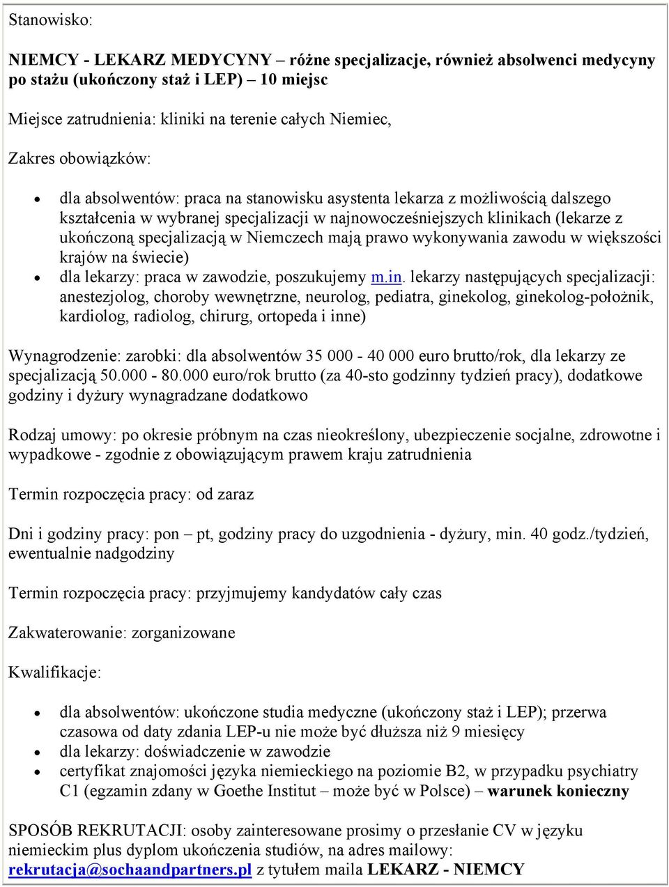 prawo wykonywania zawodu w większości krajów na świecie) dla lekarzy: praca w zawodzie, poszukujemy m.in.