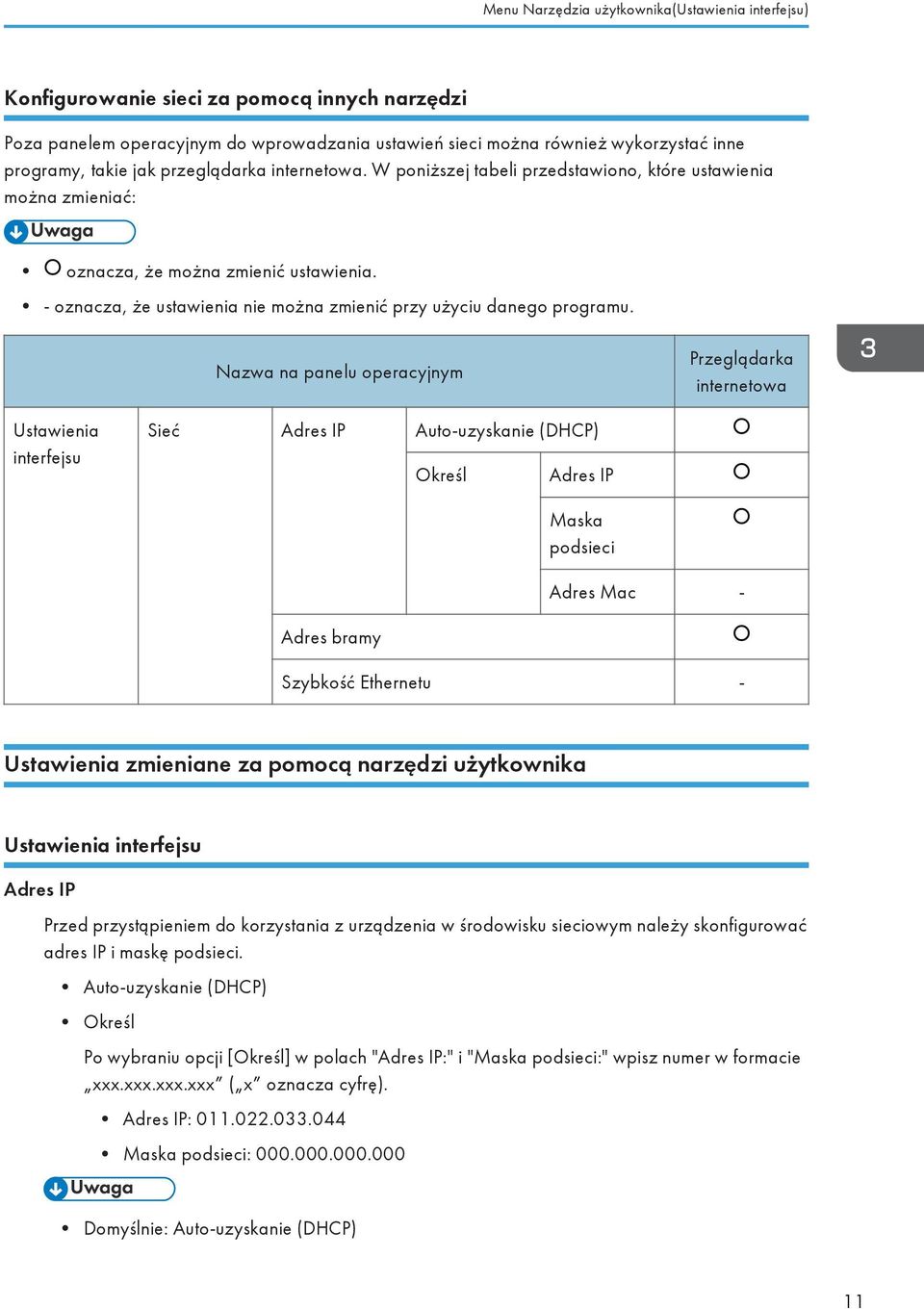 - oznacza, że ustawienia nie można zmienić przy użyciu danego programu.