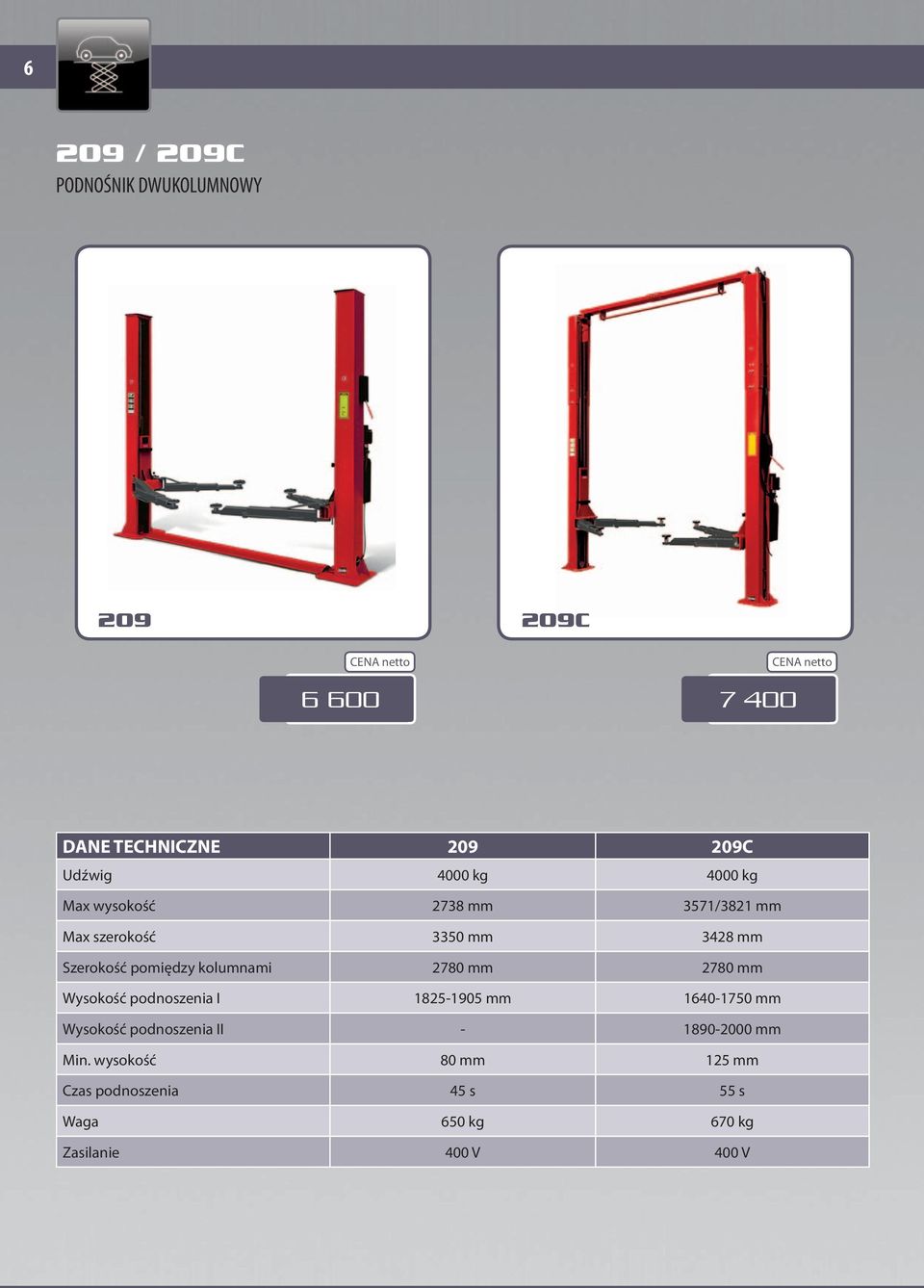 kolumnami 2780 mm 2780 mm Wysokość podnoszenia I 1825-1905 mm 1640-1750 mm Wysokość podnoszenia II
