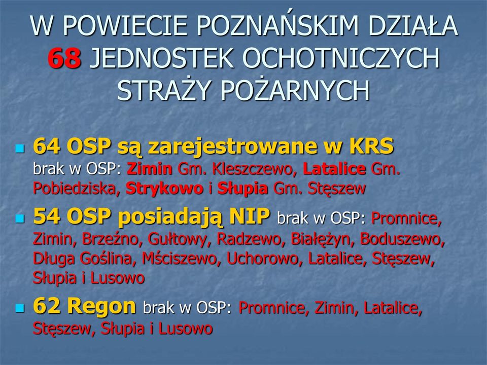 Stęszew 54 OSP posiadają NIP brak w OSP: Promnice, Zimin, Brzeźno, Gułtowy, Radzewo, Białężyn, Boduszewo,