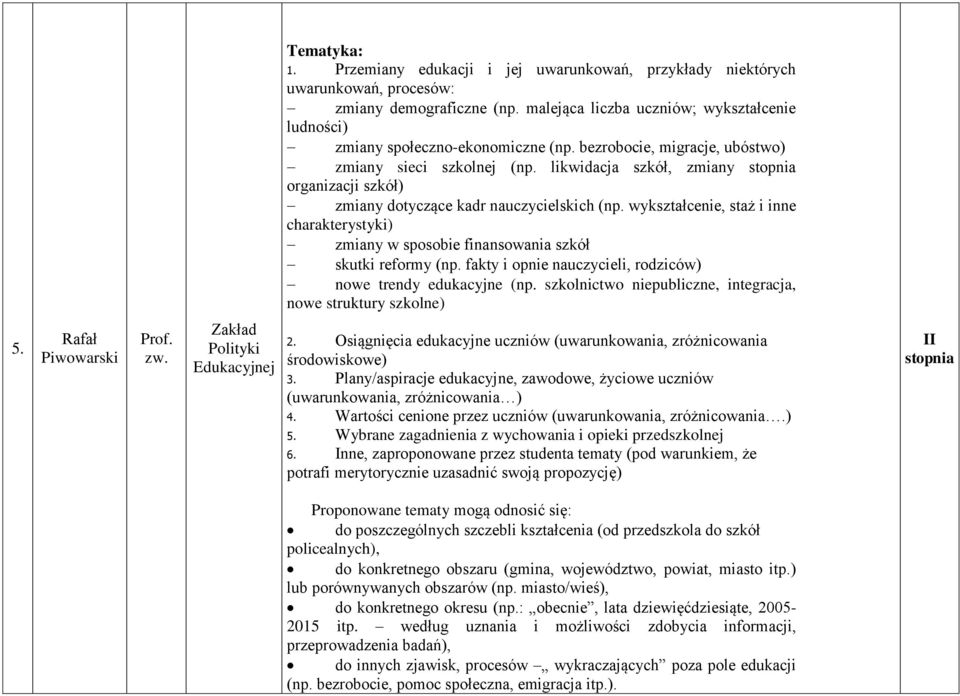 wykształcenie, staż i inne charakterystyki) zmiany w sposobie finansowania szkół skutki reformy (np. fakty i opnie nauczycieli, rodziców) nowe trendy edukacyjne (np.