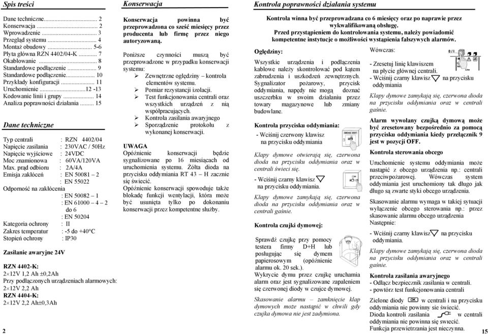 .. 15 Dane techniczne Typ centrali : RZN 4402/04 Napięcie zasilania : 230VAC / 50Hz Napięcie wyjściowe : 24VDC Moc znamionowa : 60VA/120VA Max.