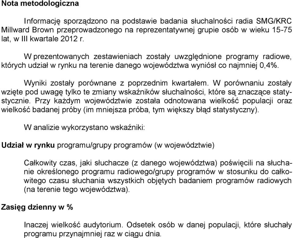 W porównaniu zostały wzięte pod uwagę tylko te zmiany wskaźników słuchalności, które są znaczące statystycznie.