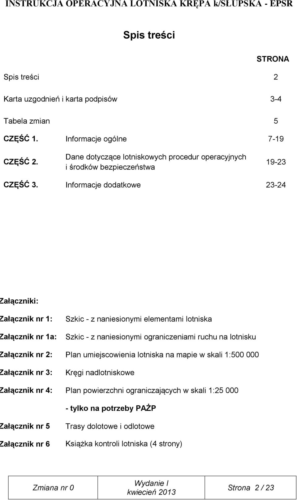 Informacje dodatkowe 23-24 Załączniki: Załącznik nr 1: Załącznik nr 1a: Szkic - z naniesionymi elementami lotniska Szkic - z naniesionymi ograniczeniami ruchu na lotnisku