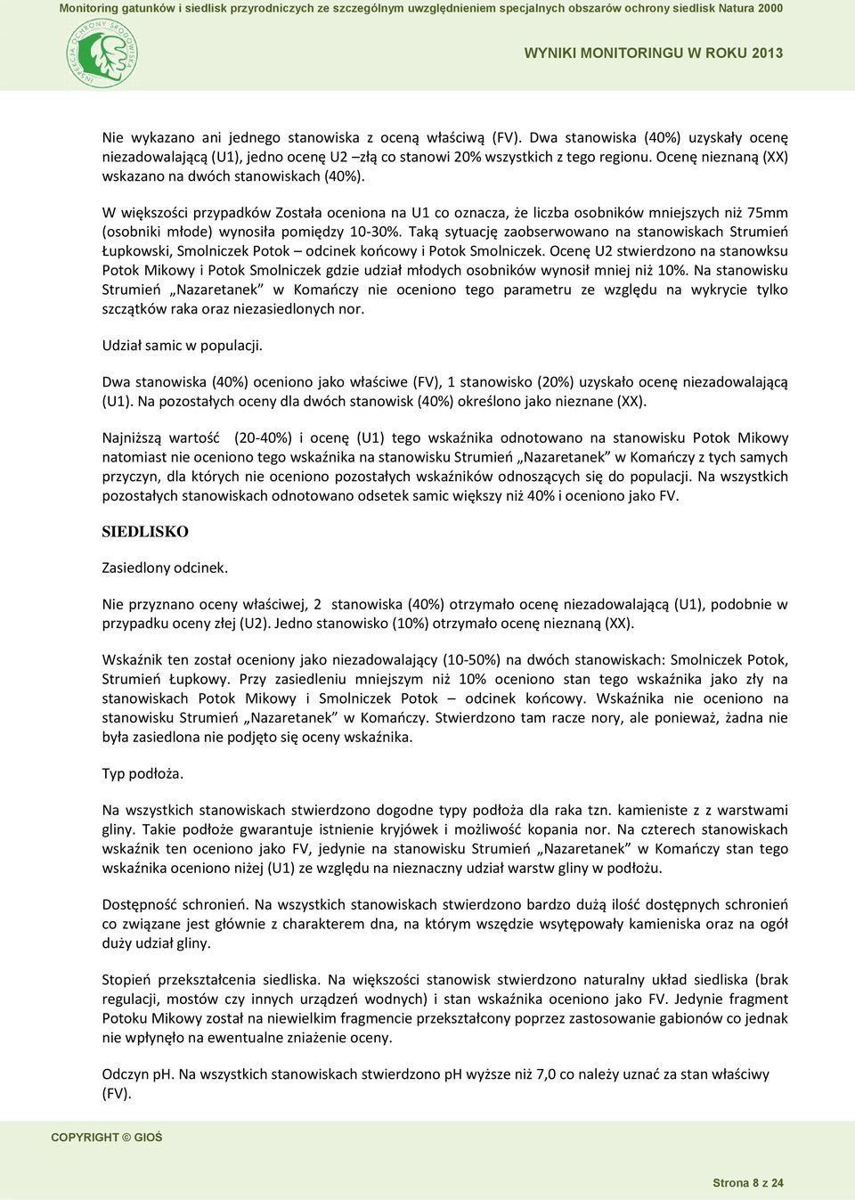 Taką sytuację zaobserwowano na stanowiskach Strumień Łupkowski, Smolniczek Potok odcinek końcowy i Potok Smolniczek.