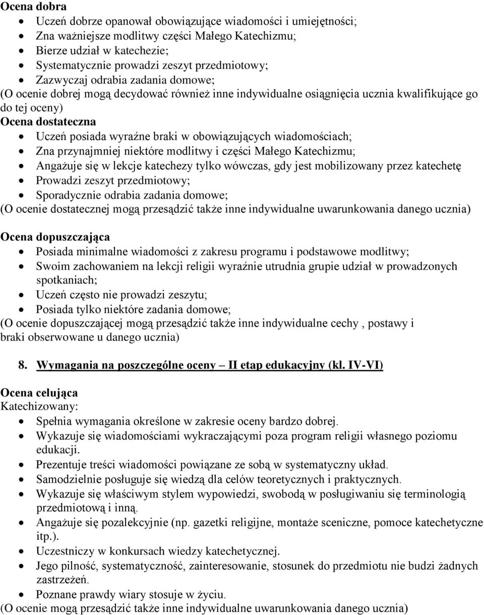 obowiązujących wiadomościach; Zna przynajmniej niektóre modlitwy i części Małego Katechizmu; Angażuje się w lekcje katechezy tylko wówczas, gdy jest mobilizowany przez katechetę Prowadzi zeszyt