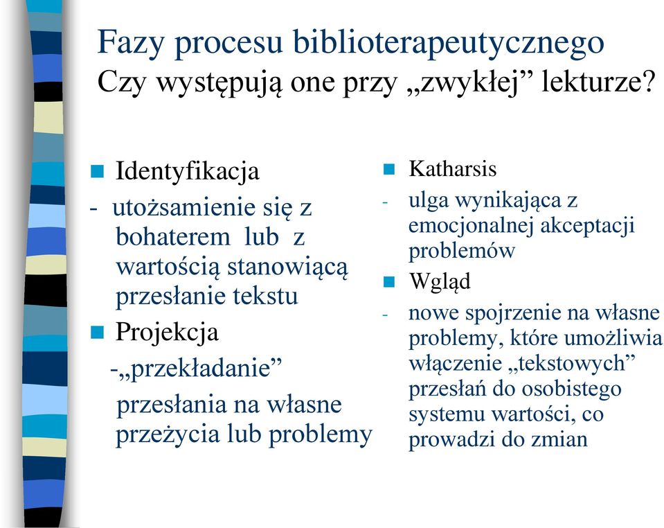 przekładanie przesłania na własne przeżycia lub problemy Katharsis - ulga wynikająca z emocjonalnej akceptacji