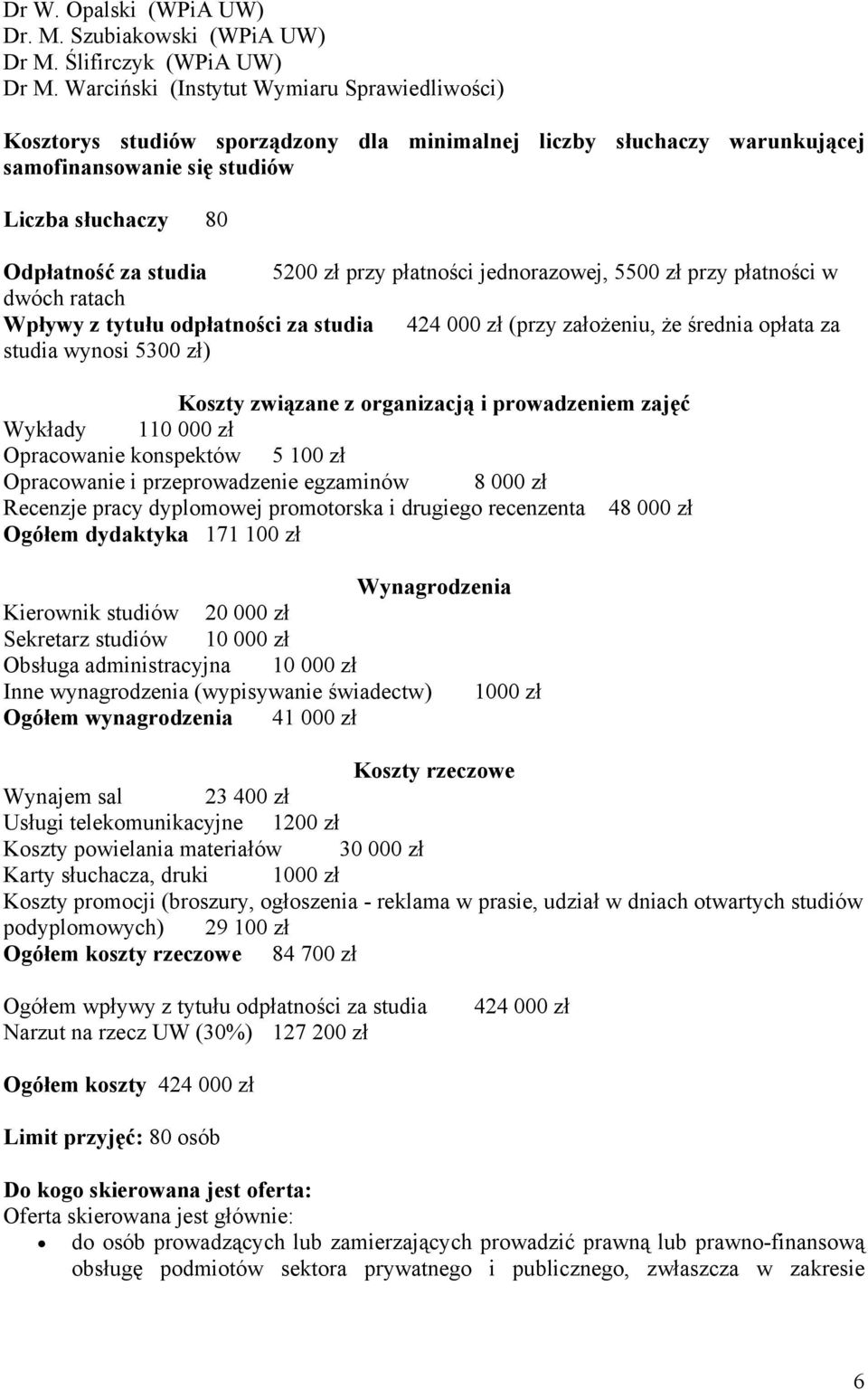 przy płatności jednorazowej, 5500 zł przy płatności w dwóch ratach Wpływy z tytułu odpłatności za studia 424 000 zł (przy założeniu, że średnia opłata za studia wynosi 5300 zł) Koszty związane z