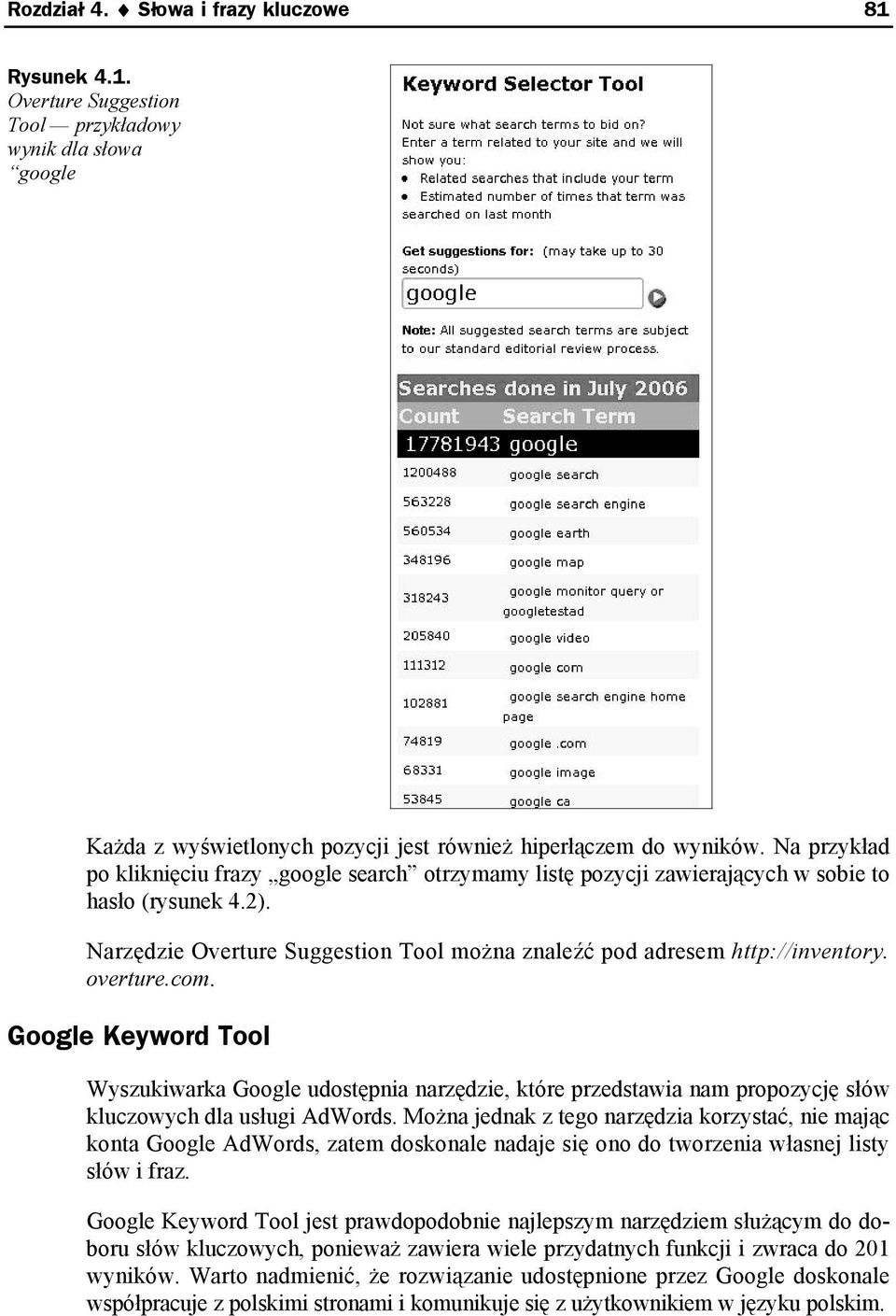 overture.com. Google Keyword Tool Wyszukiwarka Google udostępnia narzędzie, które przedstawia nam propozycję słów kluczowych dla usługi AdWords.