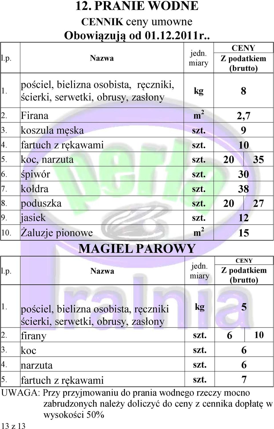 Żaluzje pionowe m 2 15 MAGIEL PAROWY 1. pościel, bielizna osobista, ręczniki kg 5 ścierki, serwetki, obrusy, zasłony 2. firany szt. 6 10 3. koc szt. 6 4.