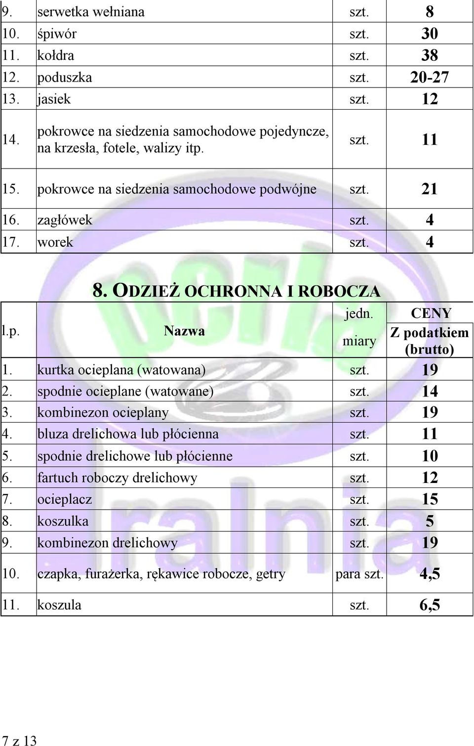 4 8. ODZIEŻ OCHRONNA I ROBOCZA 1. kurtka ocieplana (watowana) szt. 19 2. spodnie ocieplane (watowane) szt. 14 3. kombinezon ocieplany szt. 19 4.