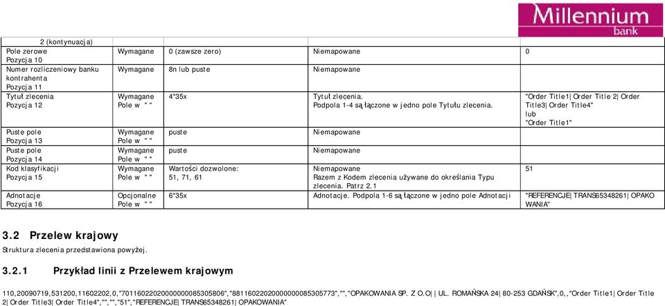 puste puste Wartości dozwolone: 51, 71, 61 Razem z Kodem zlecenia używane do określania Typu zlecenia. Patrz 2.