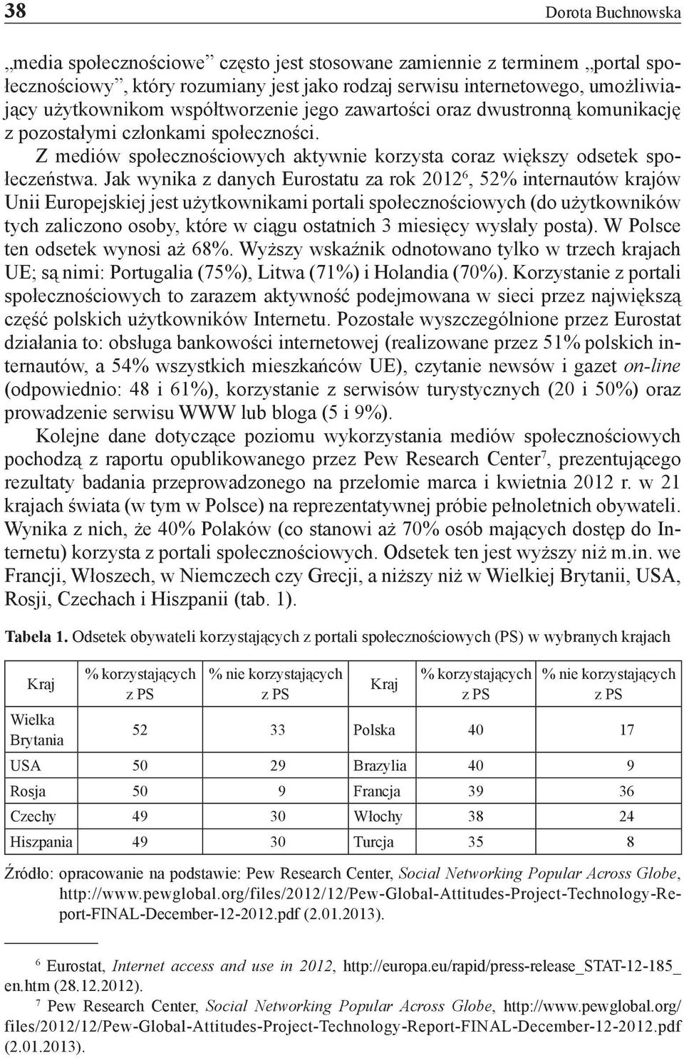 Jak wynika z danych Eurostatu za rok 2012 6, 52% internautów krajów Unii Europejskiej jest użytkownikami portali społecznościowych (do użytkowników tych zaliczono osoby, które w ciągu ostatnich 3