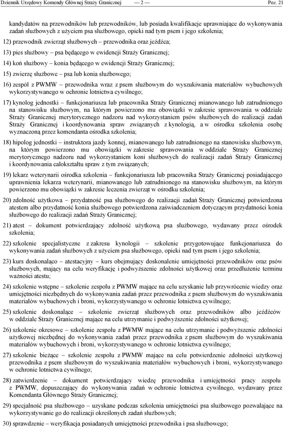 ewidencji Straży Granicznej; 15) zwierzę służbowe psa lub konia służbowego; 16) zespół z PWMW przewodnika wraz z psem służbowym do wyszukiwania materiałów wybuchowych wykorzystywanego w ochronie