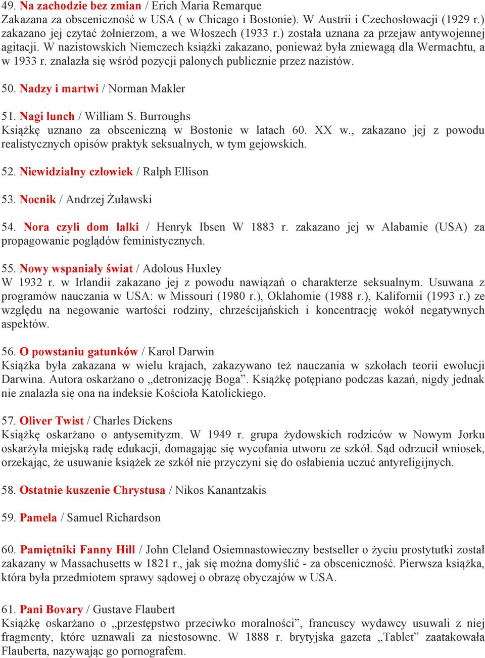 znalazła się wśród pozycji palonych publicznie przez nazistów. 50. Nadzy i martwi / Norman Makler 51. Nagi lunch / William S. Burroughs Książkę uznano za obsceniczną w Bostonie w latach 60. XX w.