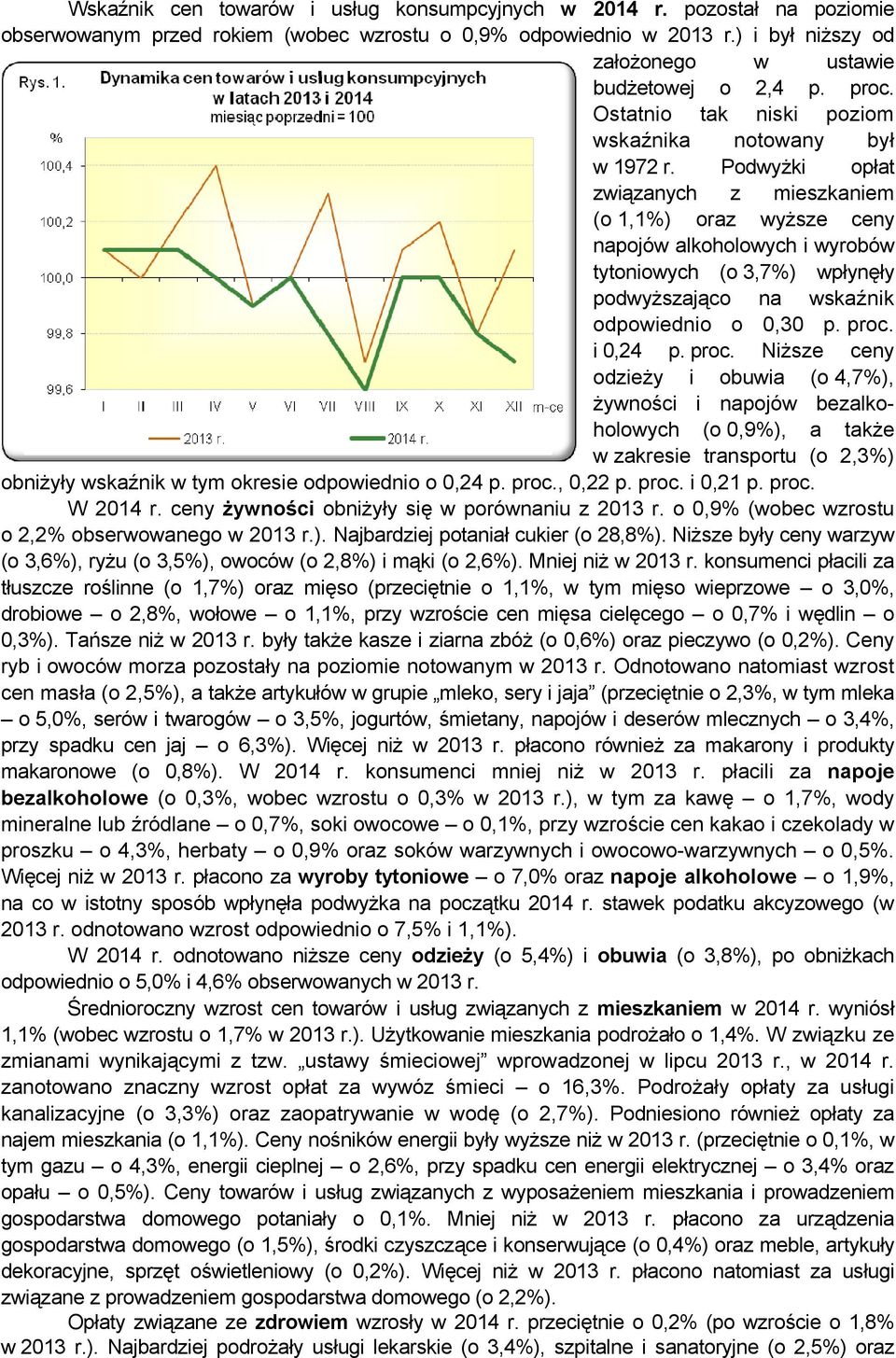 Podwyżki opłat związanych z mieszkaniem (o 1,1%) oraz wyższe ceny napojów alkoholowych i wyrobów tytoniowych (o 3,7%) wpłynęły podwyższająco na wskaźnik odpowiednio o 0,30 p. proc.