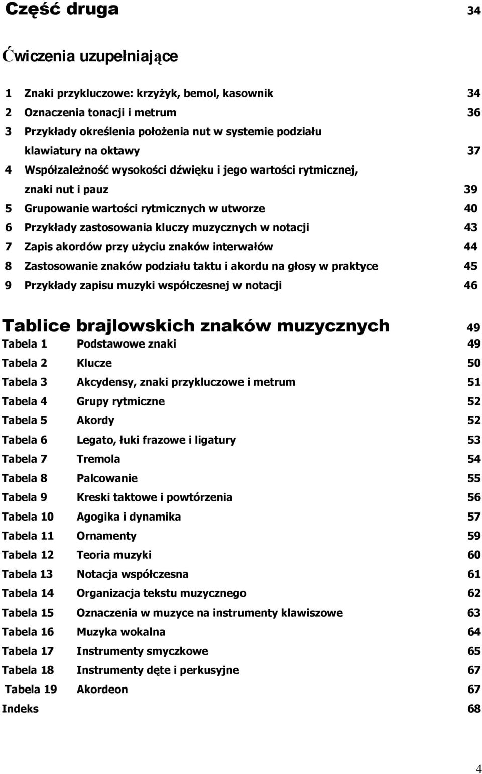 akordów przy użyciu znaków interwałów 44 8 Zastosowanie znaków podziału taktu i akordu na głosy w praktyce 45 9 Przykłady zapisu muzyki współczesnej w notacji 46 Tablice brajlowskich znaków