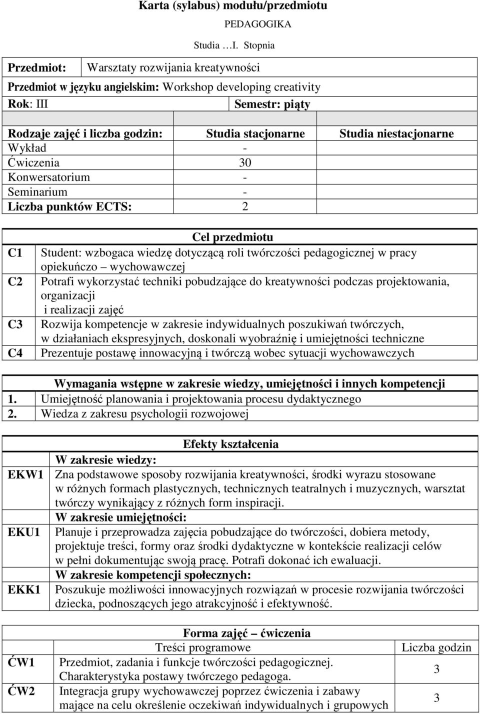 Wykład - Ćwiczenia 30 Konwersatorium - Seminarium - Liczba punktów ECTS: 2 C1 C2 C3 C4 Cel przedmiotu Student: wzbogaca wiedzę dotyczącą roli twórczości pedagogicznej w pracy opiekuńczo wychowawczej