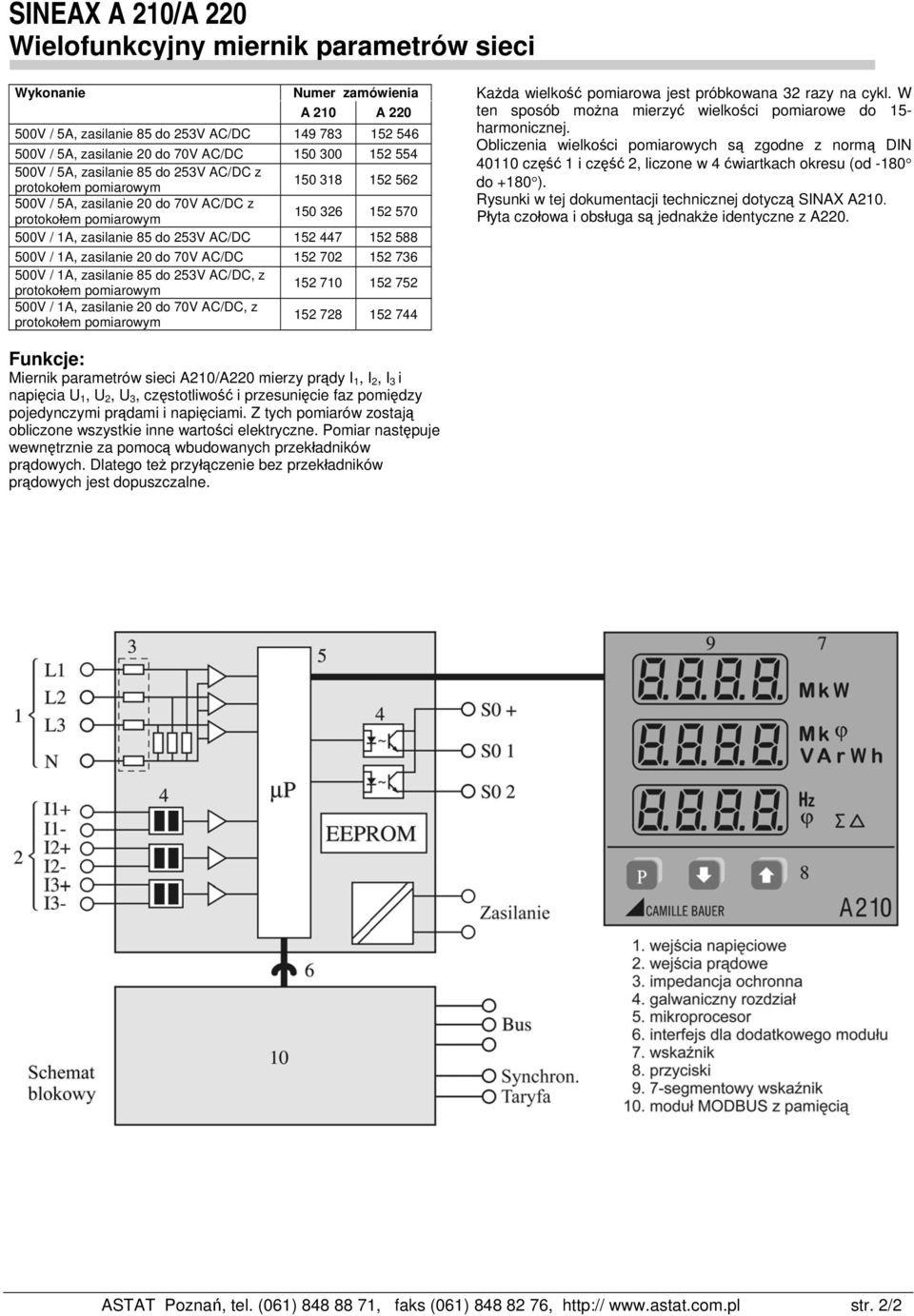 702 152 736 500V / 1A, zasilanie 85 do 253V AC/DC, z protokołem pomiarowym 152 710 152 752 500V / 1A, zasilanie 20 do 70V AC/DC, z protokołem pomiarowym 152 728 152 744 Każda wielkość pomiarowa jest
