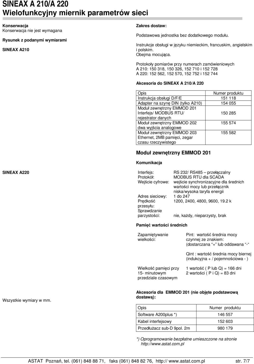 Protokoły pomiarów przy numerach zamówieniowych A 210: 150 318, 150 326, 152 710 i 152 728 A 220: 152 562, 152 570, 152 752 i 152 744 Akcesoria do SINEAX A 210/A 220 Opis Numer produktu Instrukcja