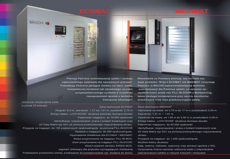 możliwośc dostarczenia szkła w ponad 20 kolorach Dane techniczne ECOMAT Długość: 6,0 m, szerokość: 1,31 lub 1,61 m, wysokość: 2,75 m Emisja hałasu: LOW NOISE obudowa automatu tłumiąca dźwięki