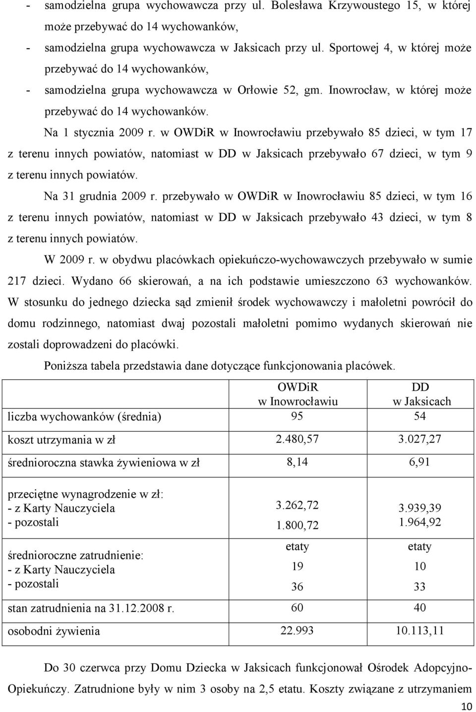 w OWDiR w Inowrocławiu przebywało 85 dzieci, w tym 17 z terenu innych powiatów, natomiast w DD w Jaksicach przebywało 67 dzieci, w tym 9 z terenu innych powiatów. Na 31 grudnia 2009 r.