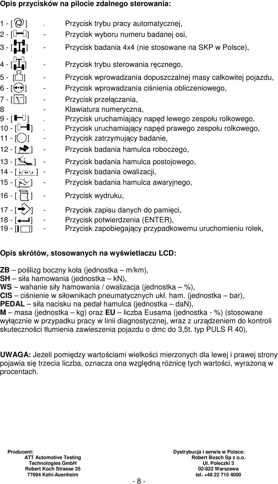 Przycisk przełączania, 8 - Klawiatura numeryczna, 9 - [ ] - Przycisk uruchamiający napęd lewego zespołu rolkowego, 10 - [ ] - Przycisk uruchamiający napęd prawego zespołu rolkowego, 11 - [ ] -