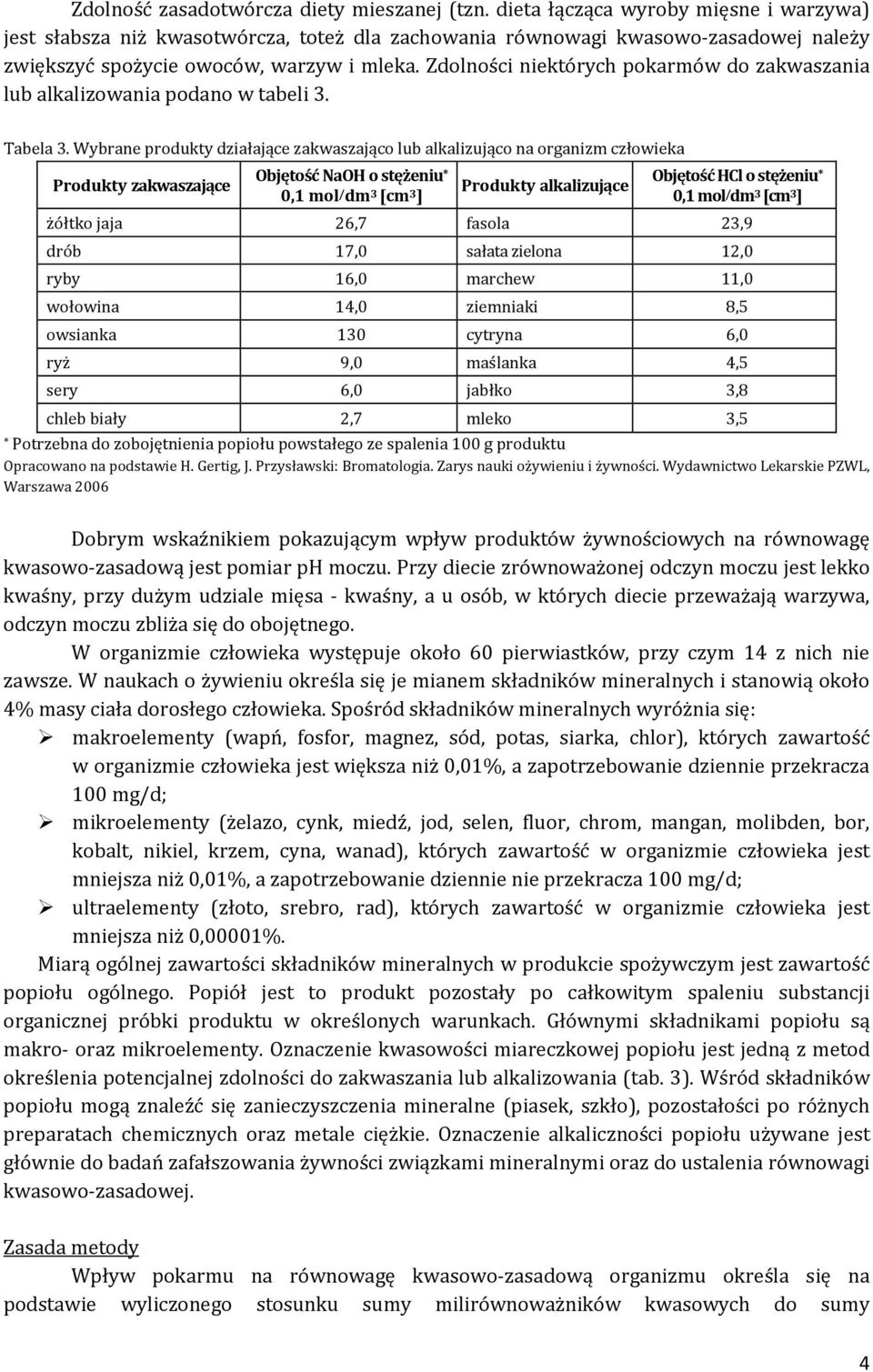 Zdolności niektórych pokarmów do zakwaszania lub alkalizowania podano w tabeli 3. Tabela 3.