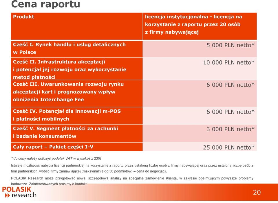 Segment płatności za rachunki i badanie konsumentów Cały raport Pakiet części I-V licencja instytucjonalna - licencja na korzystanie z raportu przez 20 osób z firmy nabywającej 5 000 PLN netto* 10