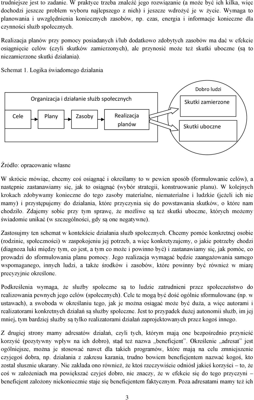 Realizacja planów przy pomocy posiadanych i/lub dodatkowo zdobytych zasobów ma dać w efekcie osiągnięcie celów (czyli skutków zamierzonych), ale przynosić może też skutki uboczne (są to niezamierzone
