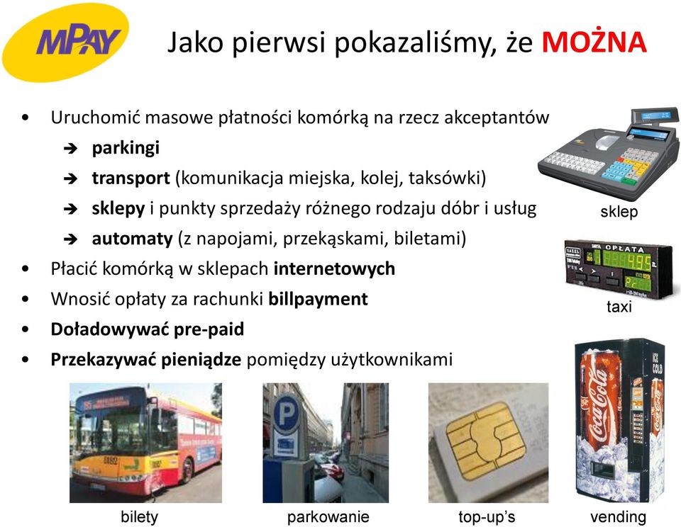 napojami, przekąskami, biletami) Płacid komórką w sklepach internetowych Wnosid opłaty za rachunki billpayment