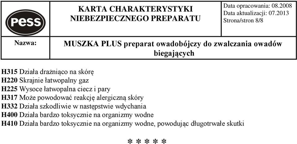 Działa szkodliwie w następstwie wdychania H400 Działa bardzo toksycznie na organizmy